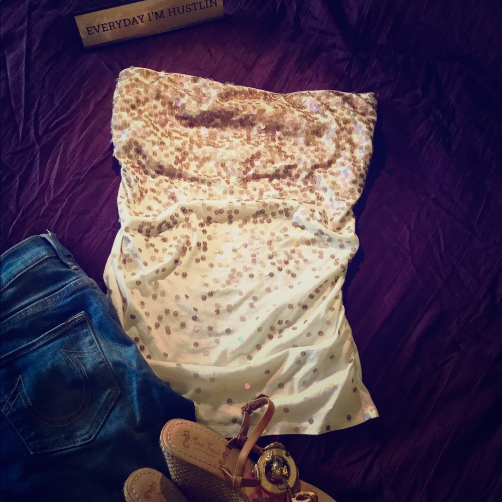 Express strapless top w rose gold sequins. sm. EUC